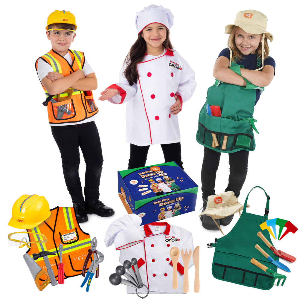 Bintiva 3-in-1 Dress Up Trunk Set - Construction Worker, Chef, Gardener