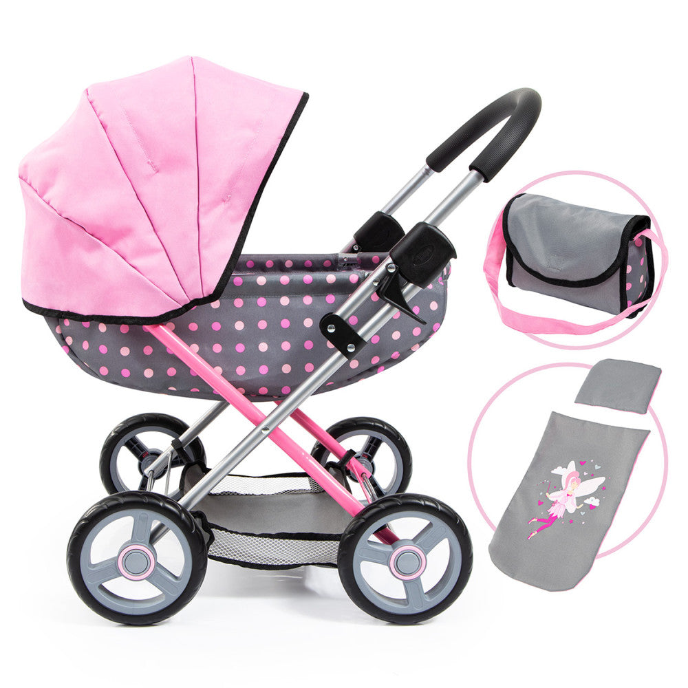 Bayer Design Fairy Polka Dot Doll Pram - Grey & Pink with Accessories