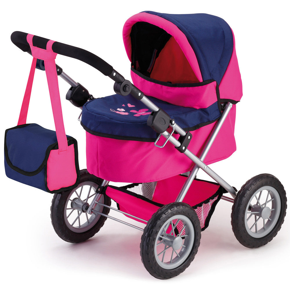 Bayer Design Trendy Doll Pram, Adjustable Handle, Blue & Hot Pink with Butterfly Motif