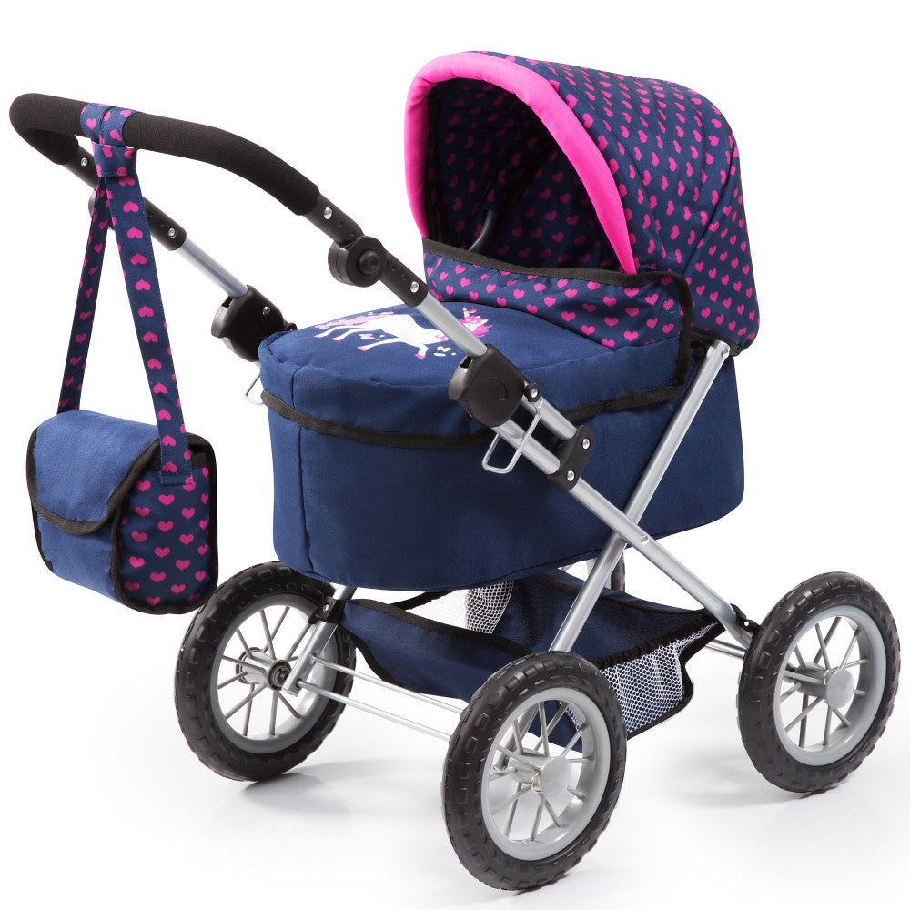 Bayer Design Trendy Doll Pram, Adjustable Handle, Blue Pink Hearts