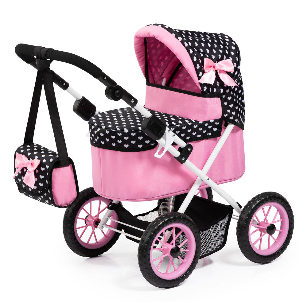 Bayer Design Trendy Doll Pram, Hearts Black & Pink with Shoulder Bag