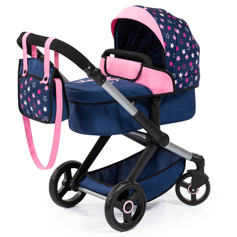 Bayer Design Dolls Pram Xeo - Adjustable Combi Doll Stroller, Blue, Pink, Stars