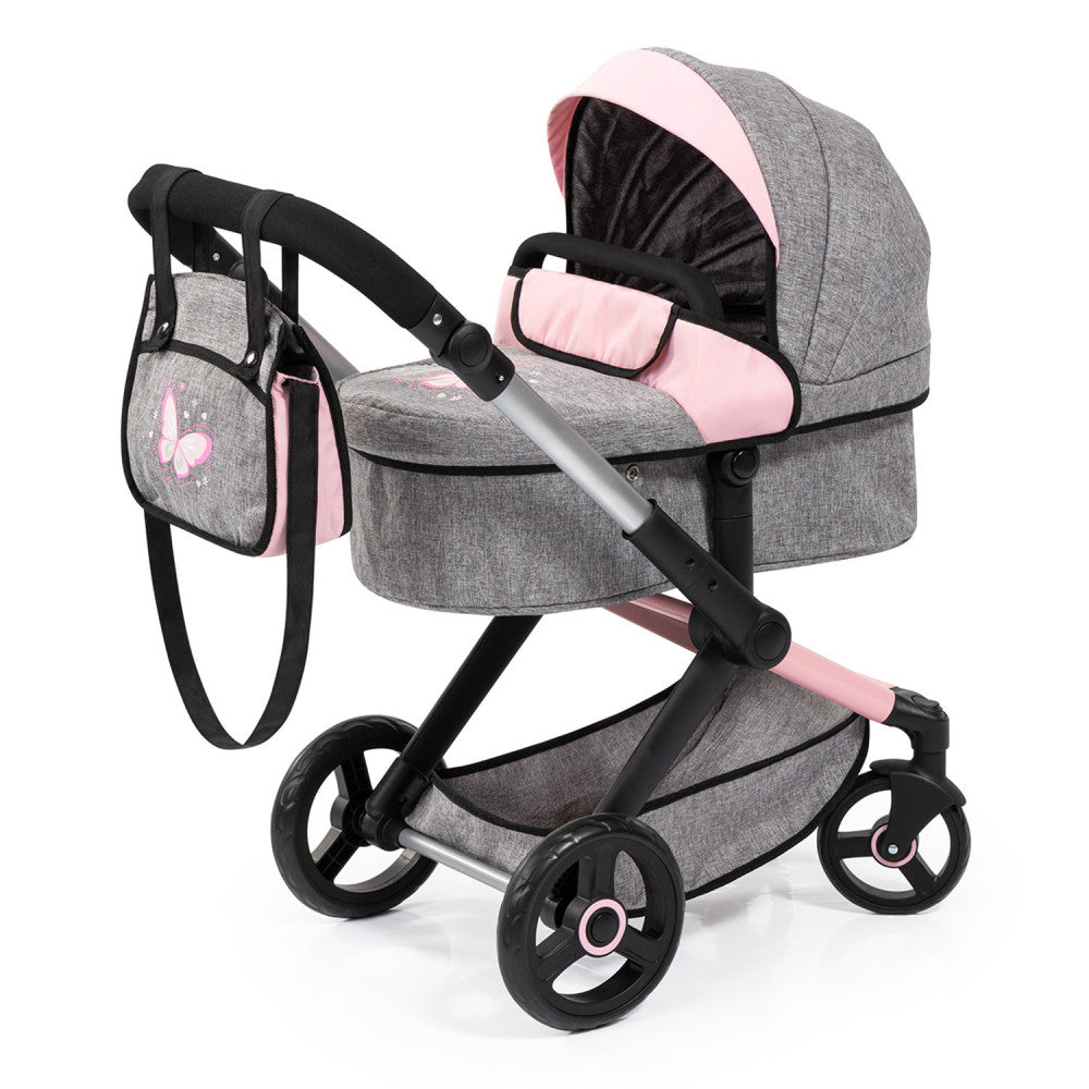 Bayer Design Doll Pram Xeo, Butterfly Grey & Pink with Matching Handbag