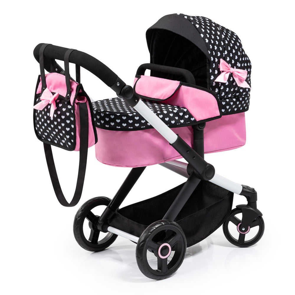 Bayer Design Dolls Pram Xeo, Hearts Black & Pink with Matching Handbag