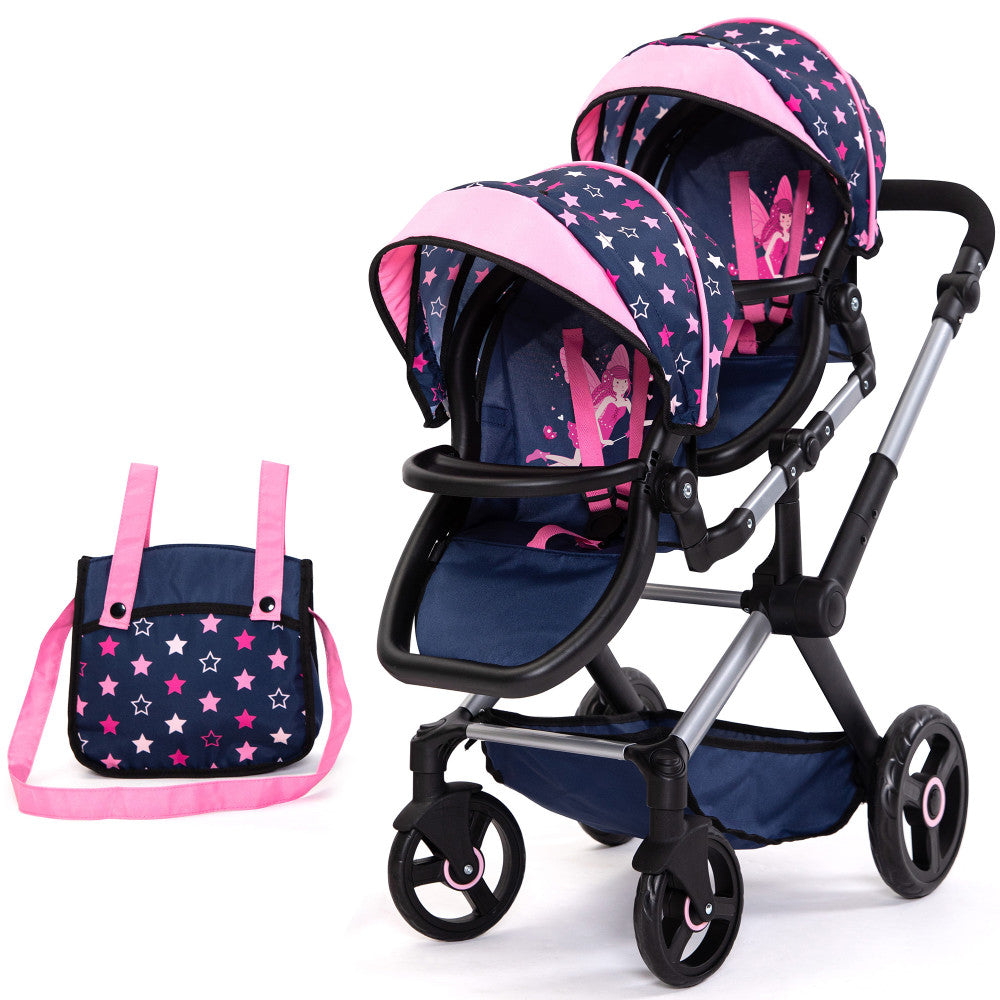 Bayer Design Twin Doll Pram, Stars Navy & Pink with Matching Handbag