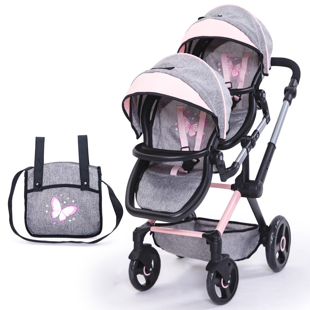 Bayer Design Butterfly Twin Doll Pram, Grey & Pink with Matching Handbag