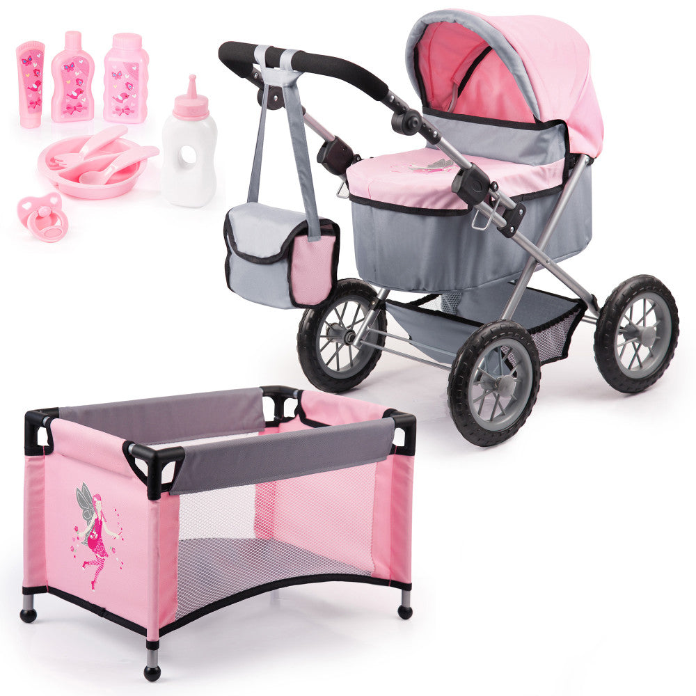 Bayer Design Fairy-Themed Doll Pram & Travel Bed Set - Pink and Grey