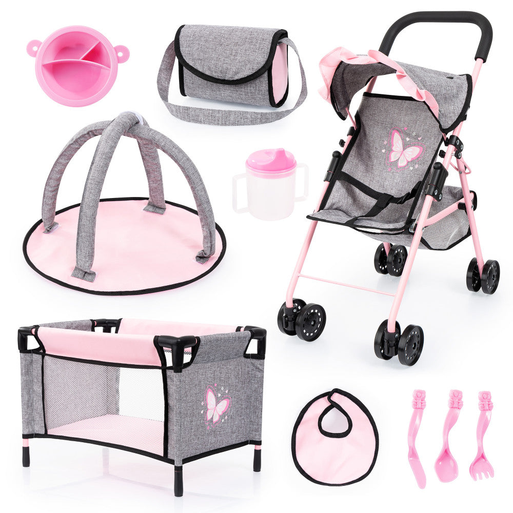 Bayer Design Dolls Buggy Playset with Accessories - Grey, Pink, Butterfly, Ages 3+