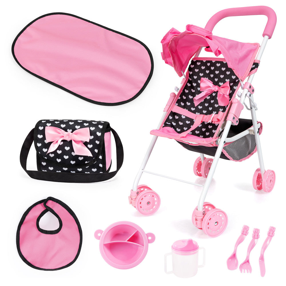 Bayer Design Doll Stroller Playset with Accessories - Pink & Black Hearts