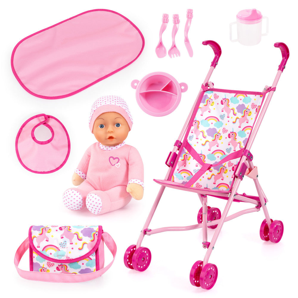 Bayer Design Pink Unicorn Umbrella Stroller Doll Set for Kids Ages 3+