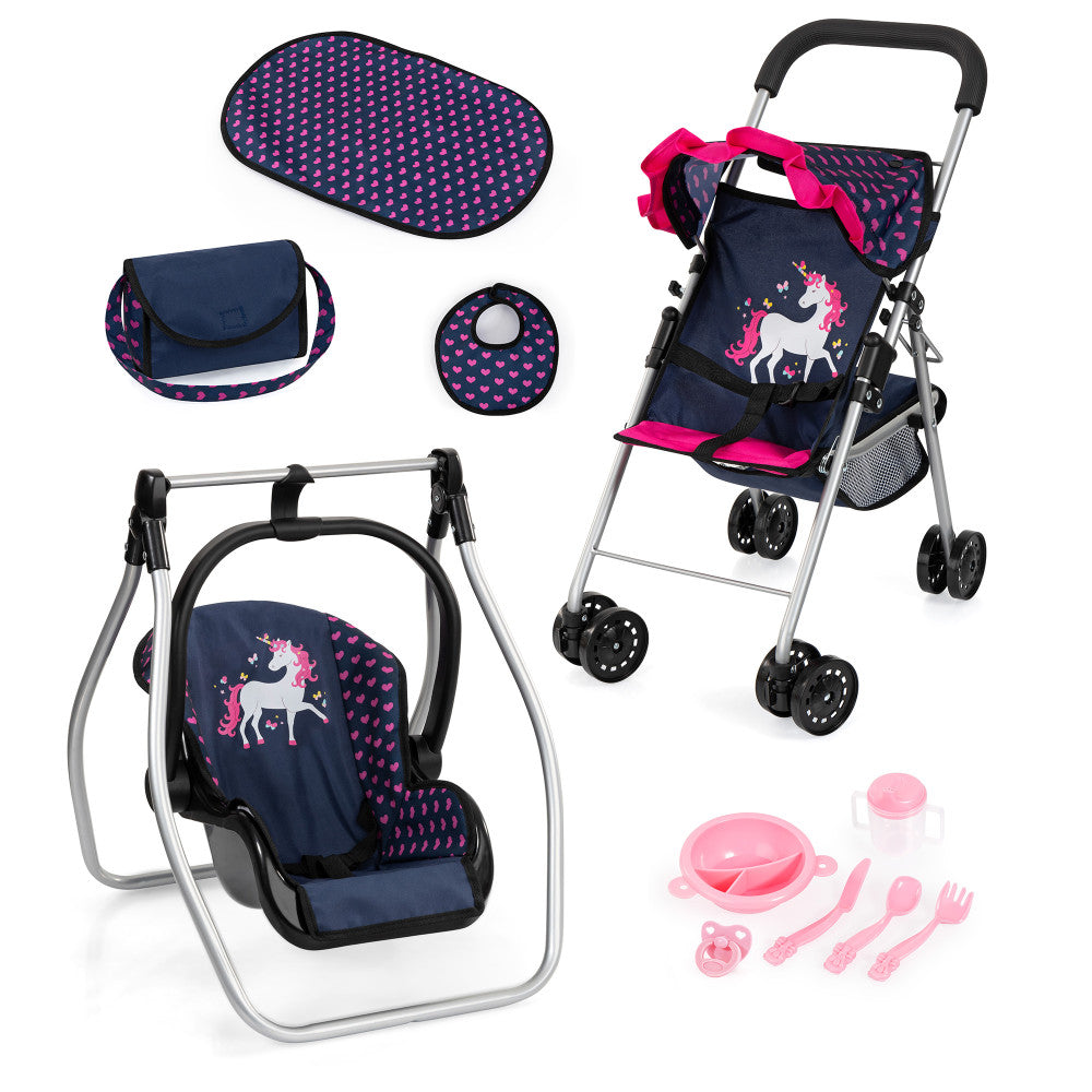 Bayer Design Dolls: 11 Piece Stroller Set - Navy, Pink, Hearts, Unicorn