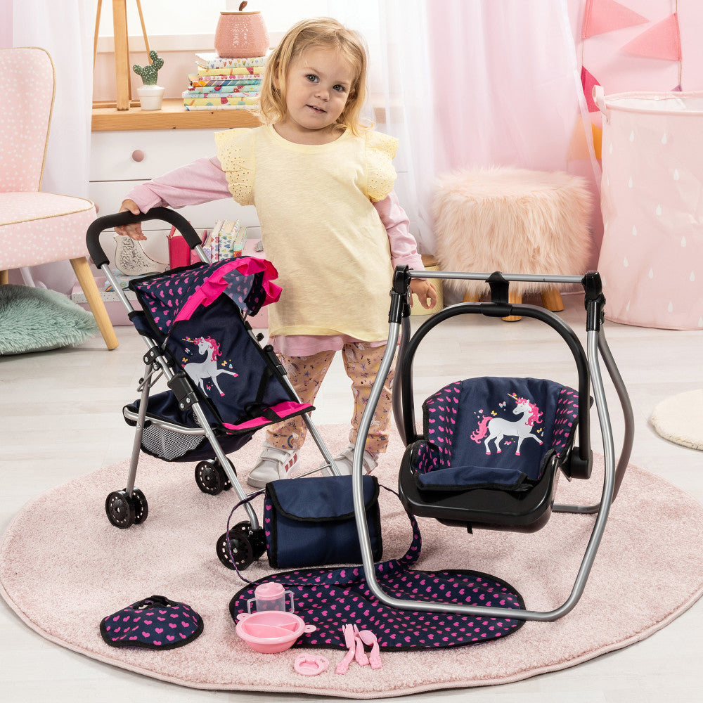 Bayer Design Dolls: 11 Piece Stroller Set - Navy, Pink, Hearts, Unicorn