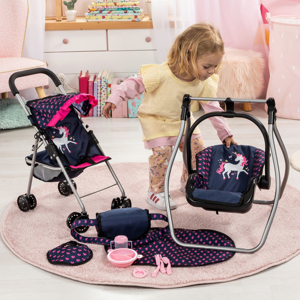 Bayer Design Dolls: 11 Piece Stroller Set - Navy, Pink, Hearts, Unicorn