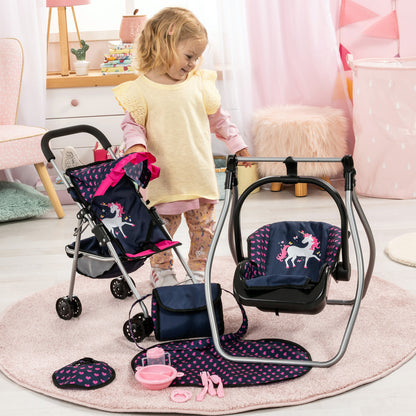 Bayer Design Dolls: 11 Piece Stroller Set - Navy, Pink, Hearts, Unicorn