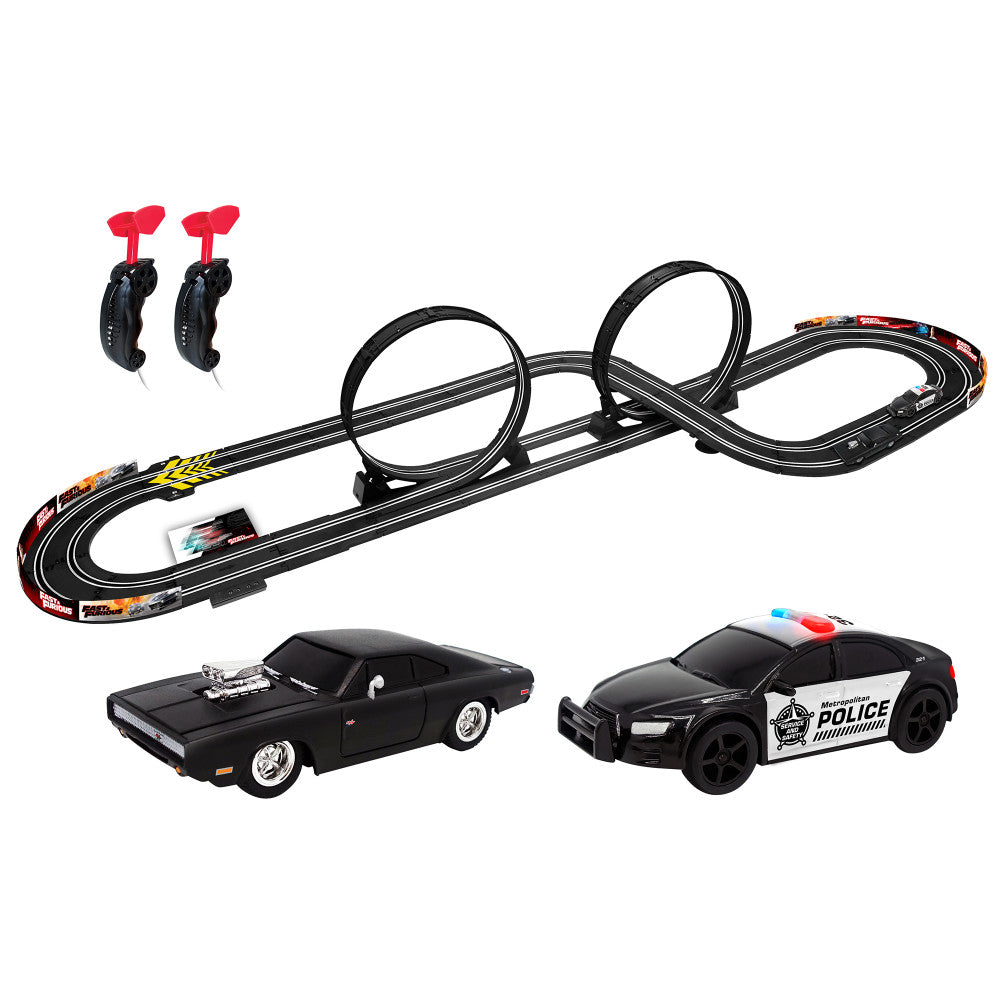 Fast & Furious 1:43 Scale Stunt Raceway Slot Car Set with Dodge Charger and Police Car