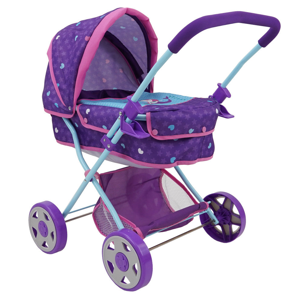 509 Mermaid-Themed Doll Pram with Retractable Canopy and Storage Basket