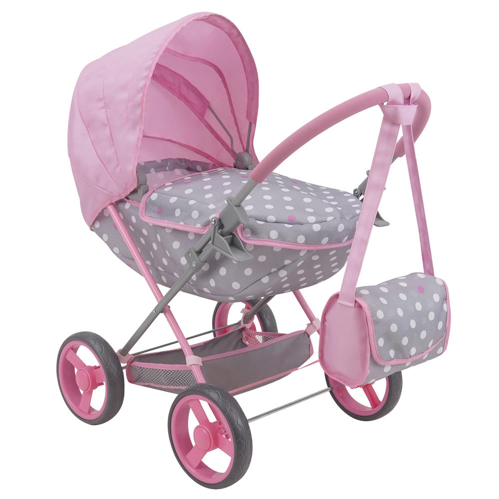 509 Crew Cotton Candy Pink Deluxe Doll Pram with Matching Bag - Pink, Grey, Polka Dot