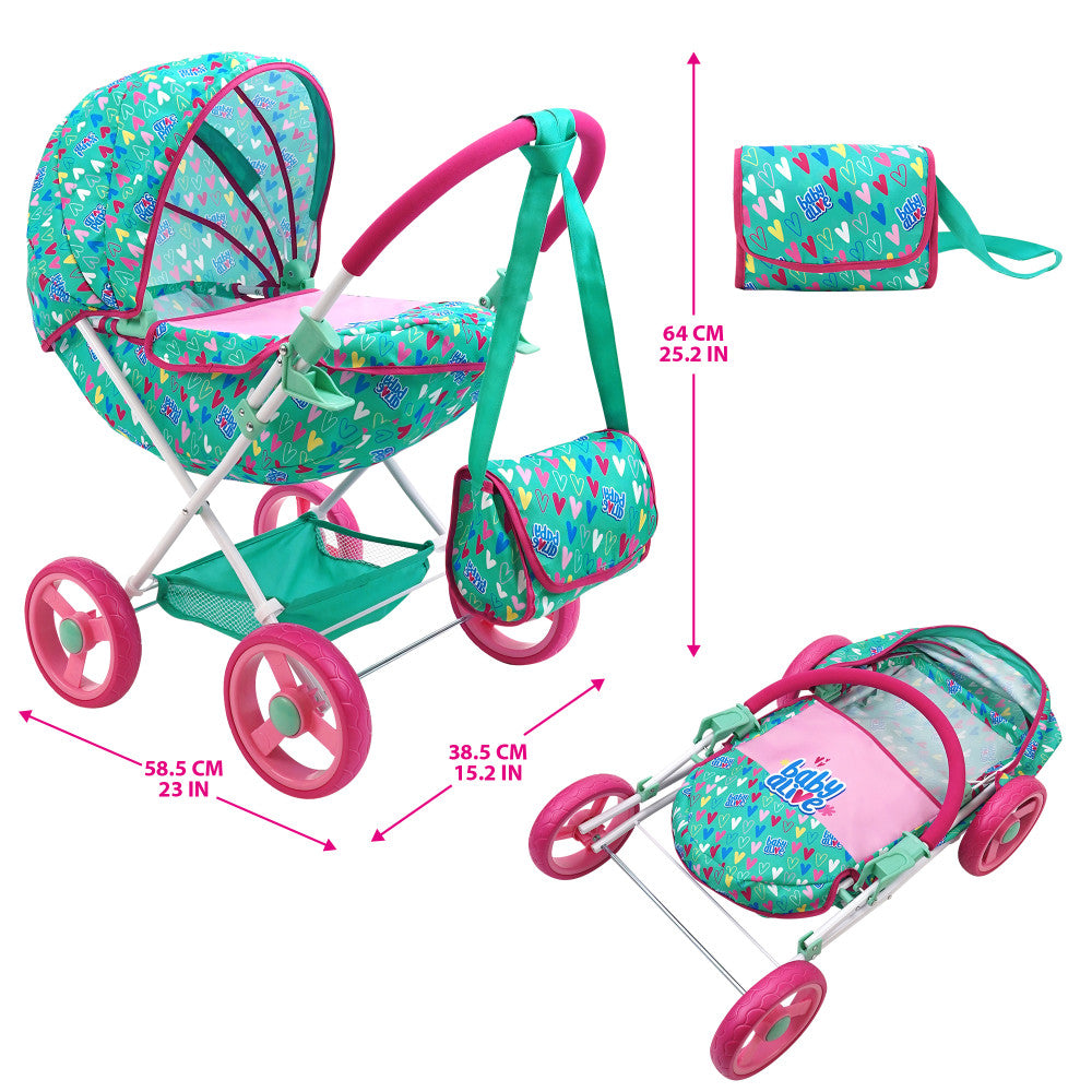 Baby Alive: Deluxe Classic Doll Pram - Green, Pink, Hearts, Age 3+