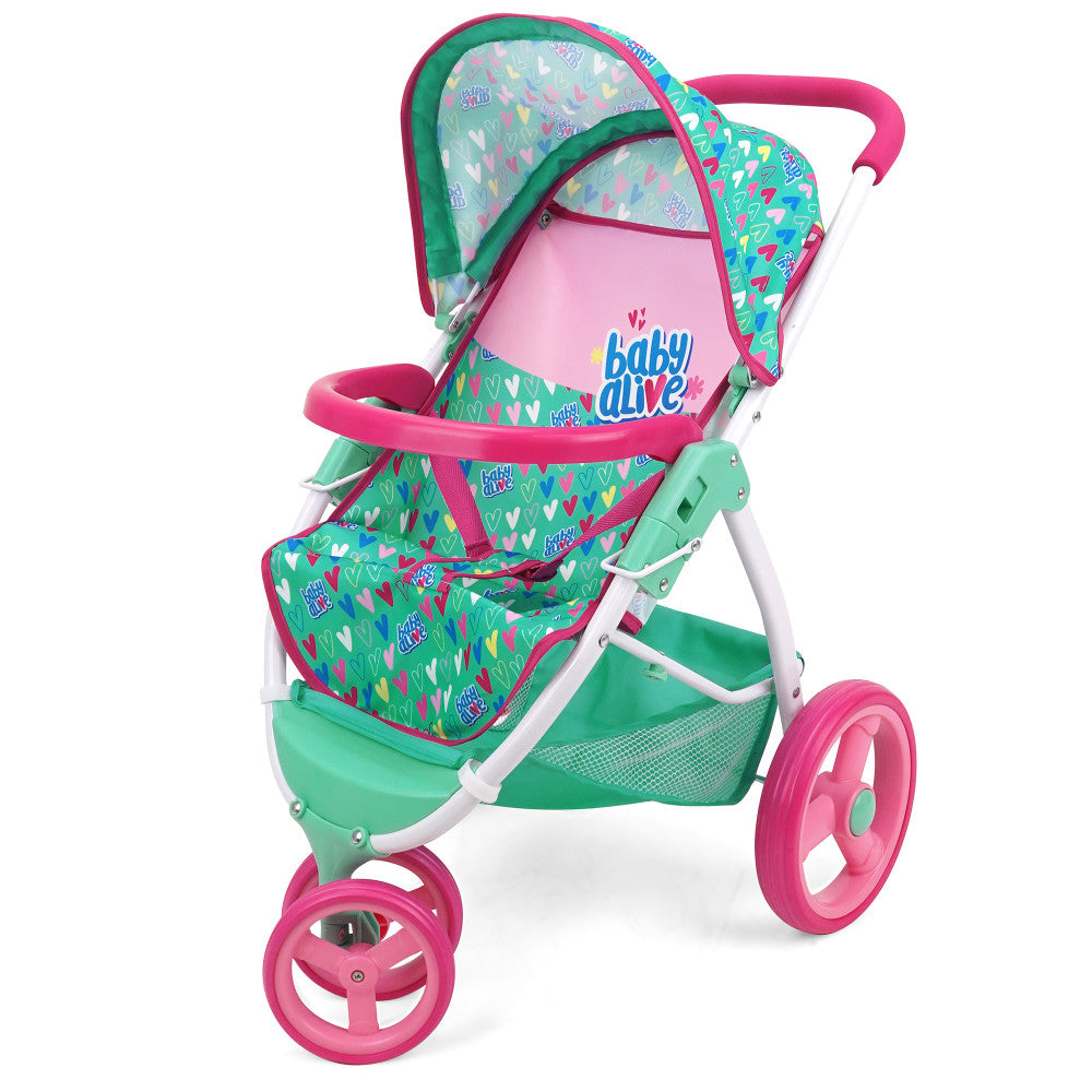 Baby Alive: Doll Jogging Stroller - Green, Pink, Hearts, Kids Toy Age 3+