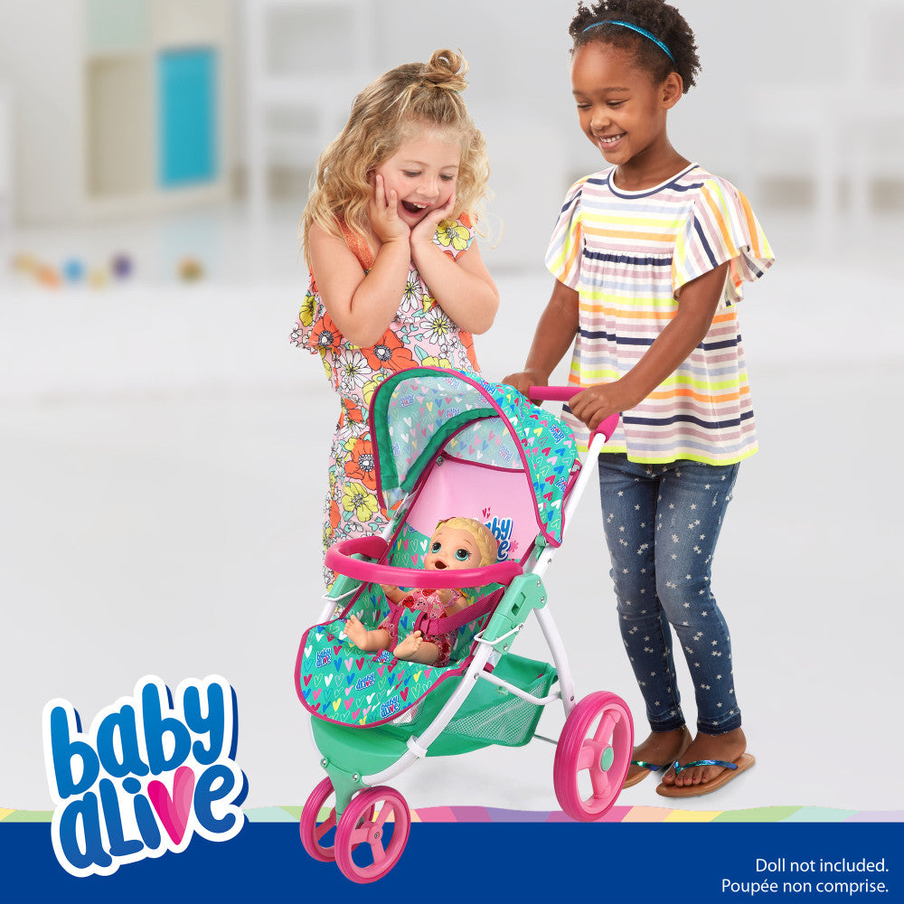 Baby Alive: Doll Jogging Stroller - Green, Pink, Hearts, Kids Toy Age 3+