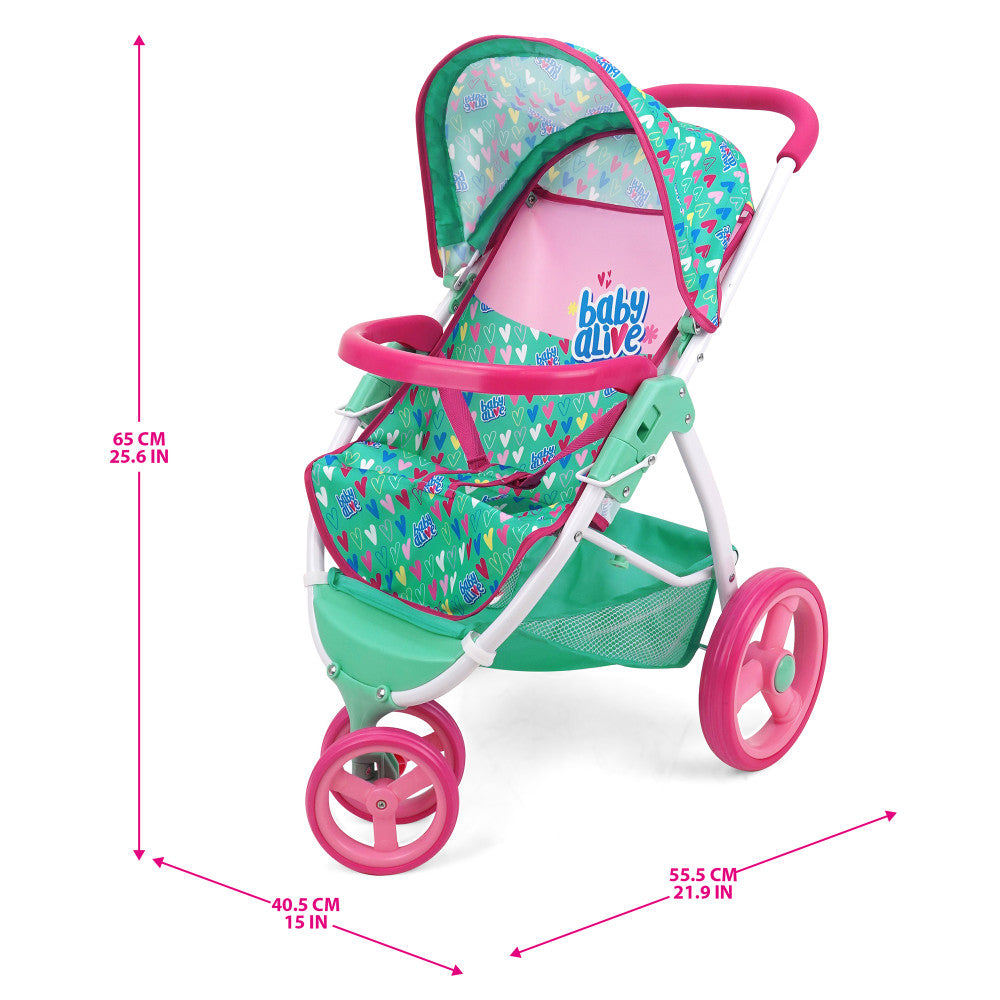 Baby Alive: Doll Jogging Stroller - Green, Pink, Hearts, Kids Toy Age 3+