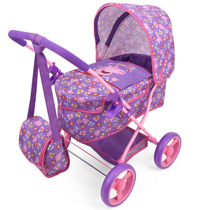 Peppa Pig: Doll Deluxe Pram & Bag - Purple, Pink, Flowers, Age 3+