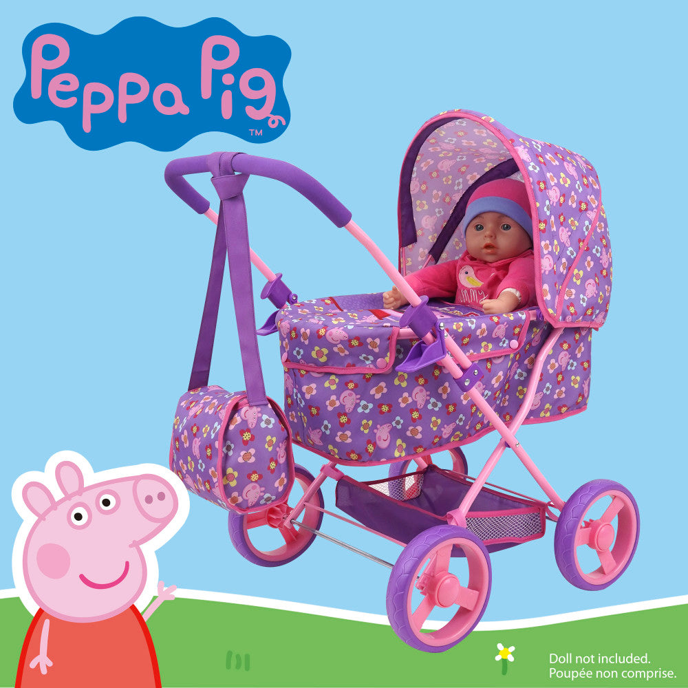 Peppa Pig: Doll Deluxe Pram & Bag - Purple, Pink, Flowers, Age 3+