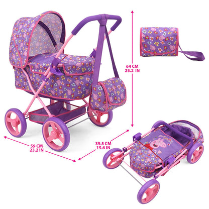 Peppa Pig: Doll Deluxe Pram & Bag - Purple, Pink, Flowers, Age 3+