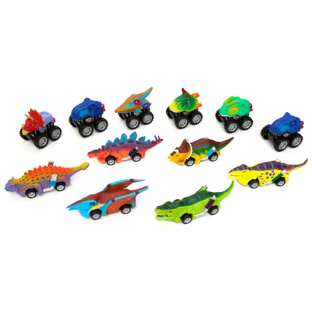 Boley: Dinosaur Vehicles - 12 Pack Assorted Designs & Colors, Dino-Themed Trucks