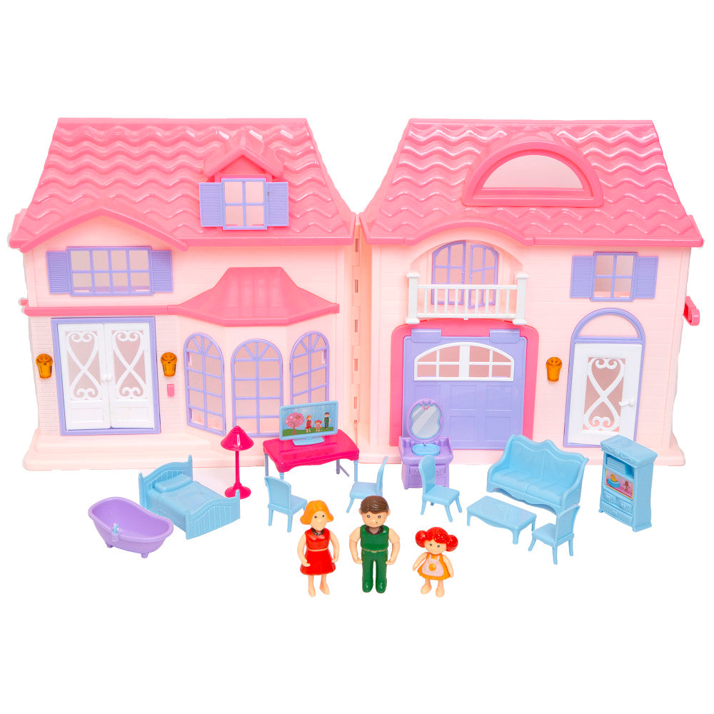 Boley: Doll House - Pink & Purple - 16pc Playset - 3 Family Dolls, Kids 3+