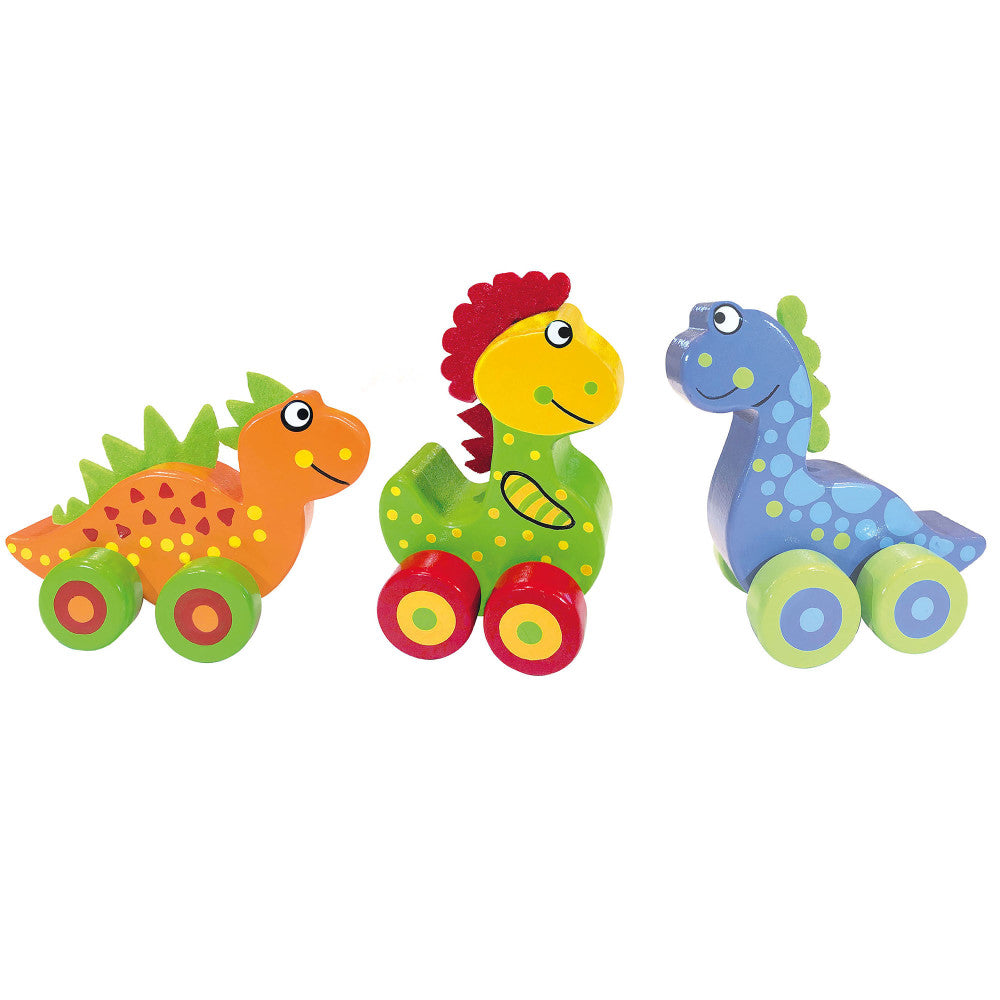 Orange Tree Toys First Dinosaurs - 3 Wooden Dinos on Wheels, Ages 1+