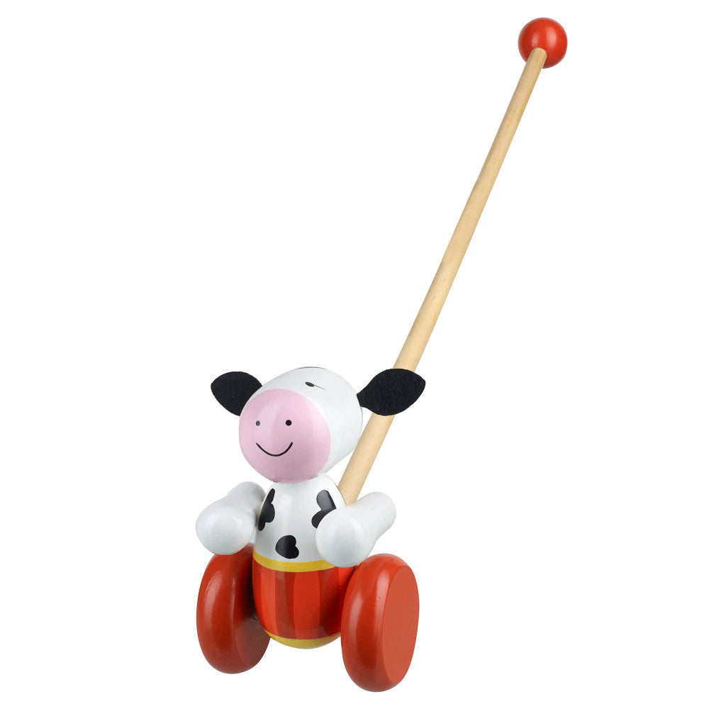 Orange Tree Toys Push Along Cow - Wooden Toddler Toy with Vibrant Red Wheels