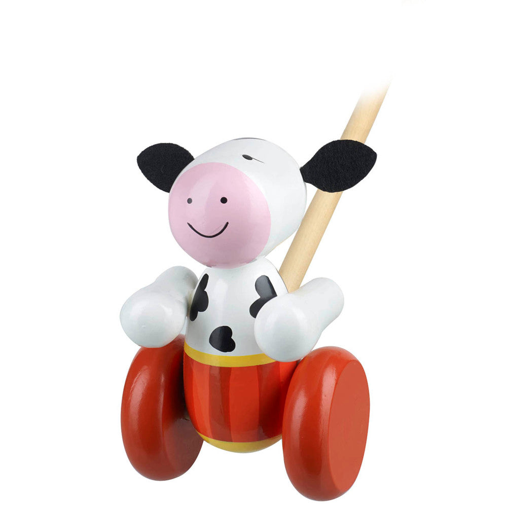 Orange Tree Toys Push Along Cow - Wooden Toddler Toy with Vibrant Red Wheels