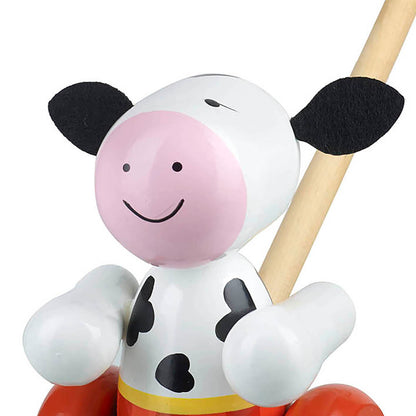 Orange Tree Toys Push Along Cow - Wooden Toddler Toy with Vibrant Red Wheels