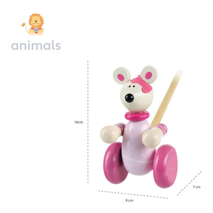 Orange Tree Toys Push Along Pink Mouse - Wooden Toddler Toy