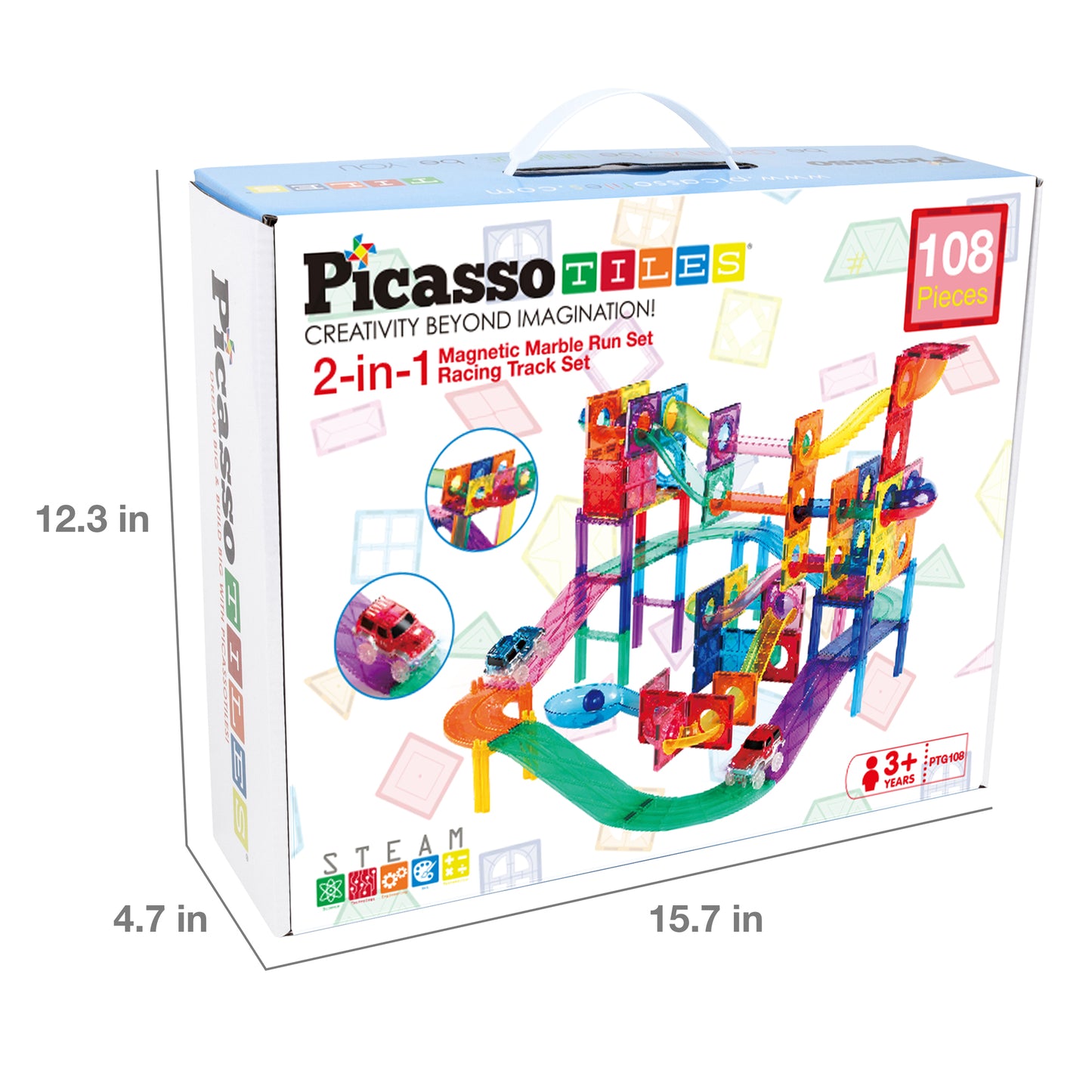 PicassoTiles 108-Piece 2-in-1 Magnetic Marble Run & Racing Track Set