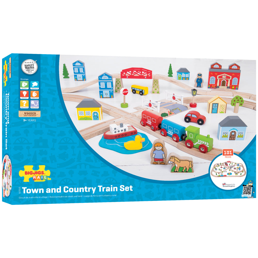 Bigjigs Toys Rail Town & Country 87-Piece Wooden Train Set