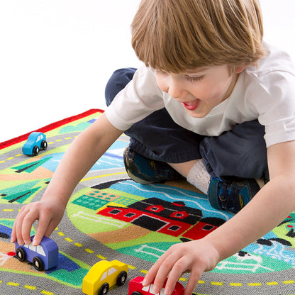 Melissa & Doug Round the Town Road Rug & 4 Wooden Cars Play Set