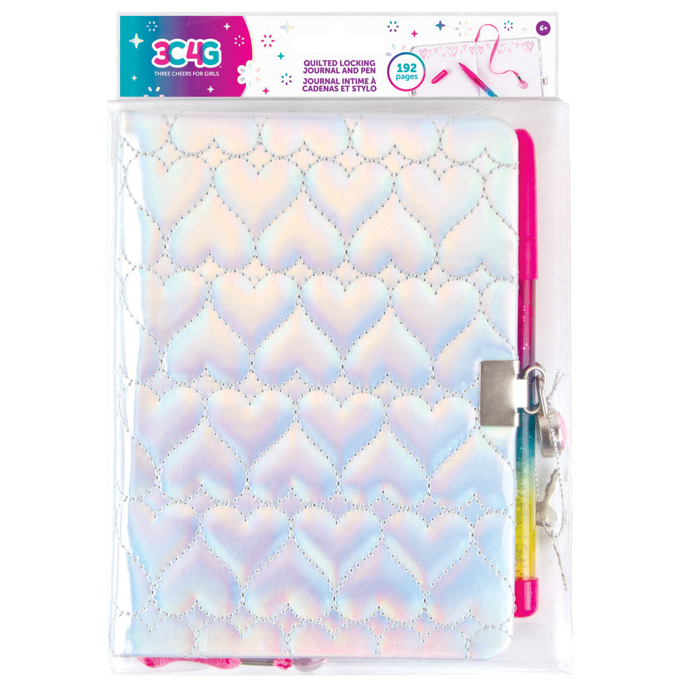 3C4G Quilted Iridescent Silver Locking Journal & Floating Glitter Pen Set