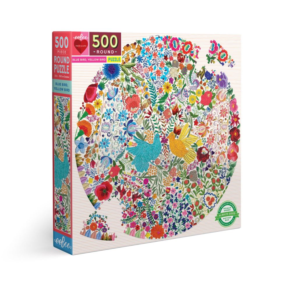 eeBoo Piece and Love Blue Bird Yellow Bird 500-Piece Round Jigsaw Puzzle