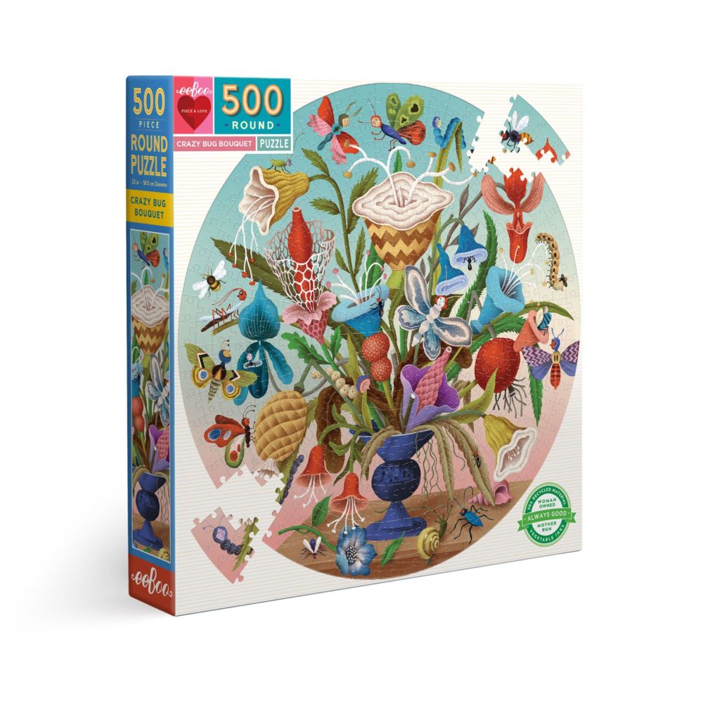 eeBoo Piece and Love Crazy Bug Bouquet Round Jigsaw Puzzle - 500 pc