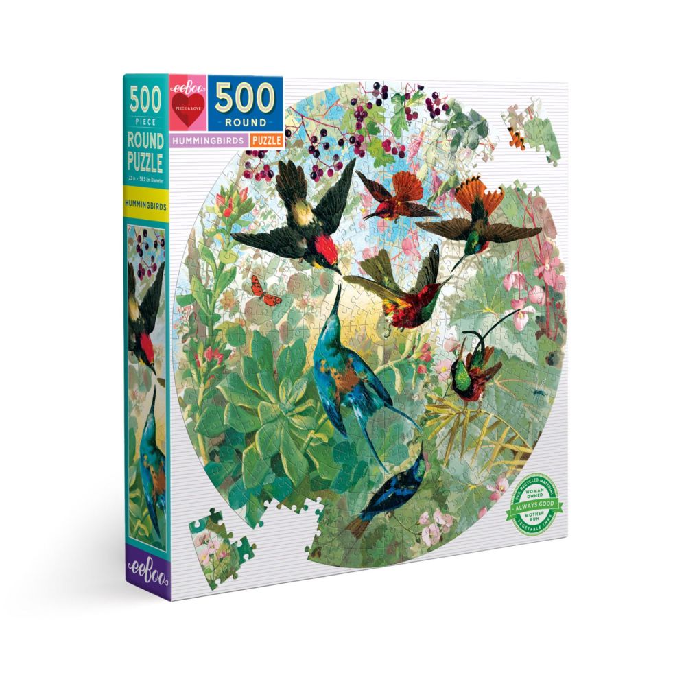 eeBoo Piece and Love Hummingbirds 500-Piece Round Jigsaw Puzzle