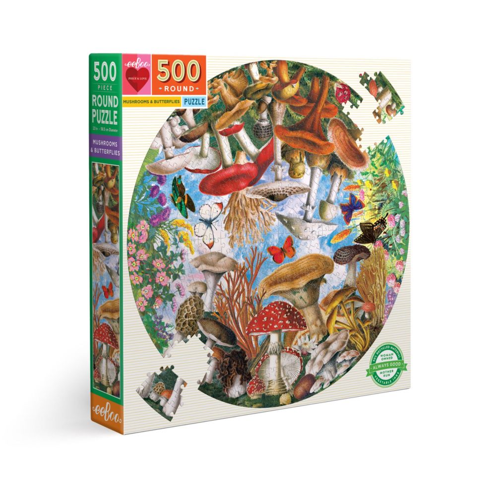 eeBoo Piece and Love Mushrooms and Butterflies 500-Piece Round Jigsaw Puzzle