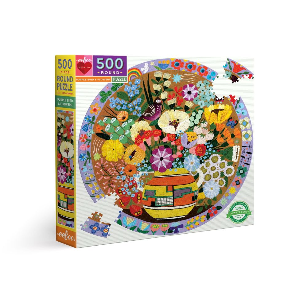 eeBoo Piece and Love Purple Bird and Flowers 500-Piece Round Puzzle