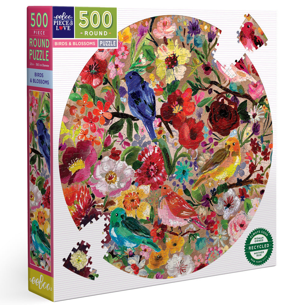 eeBoo Birds & Blossoms 500-Piece Round Jigsaw Puzzle