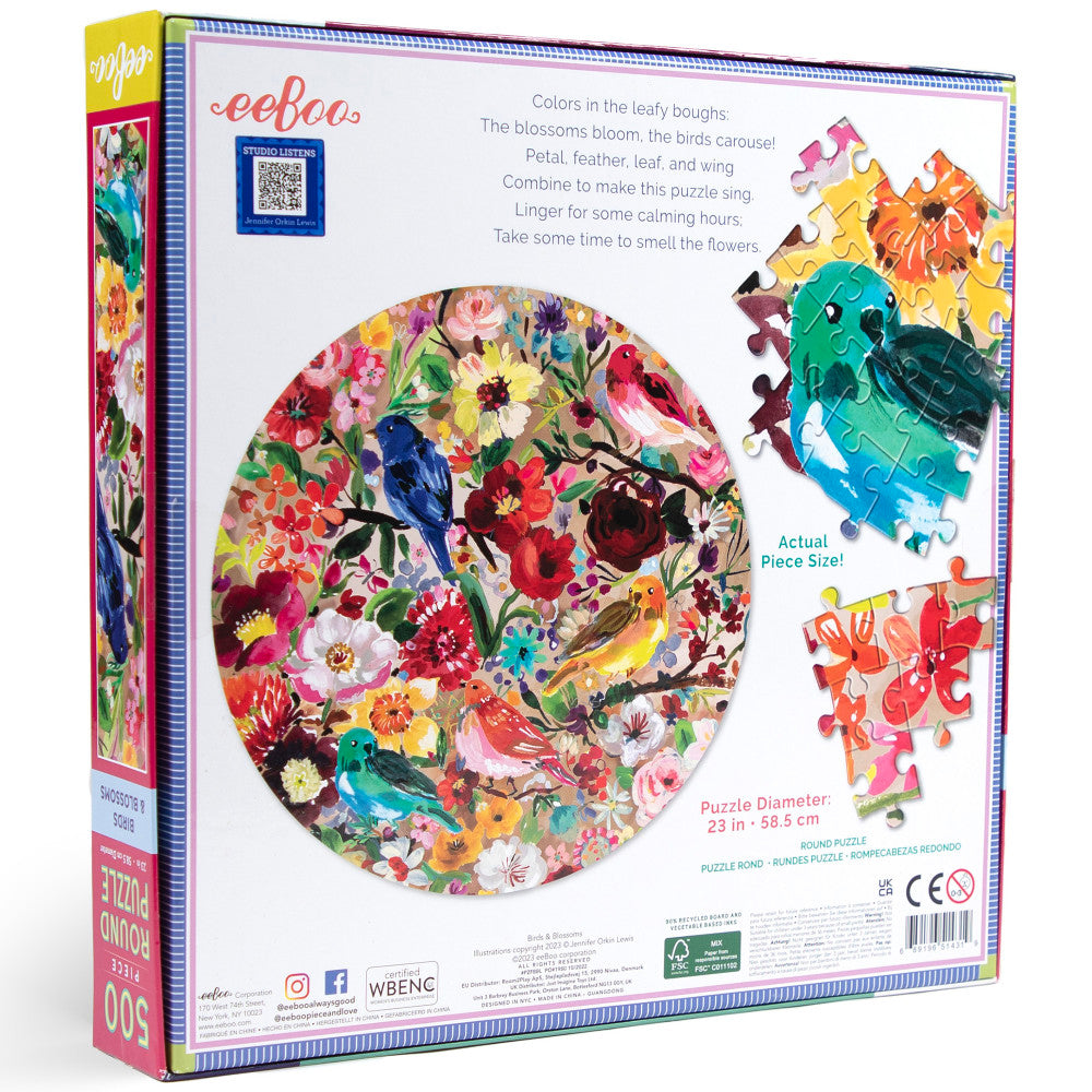 eeBoo Birds & Blossoms 500-Piece Round Jigsaw Puzzle