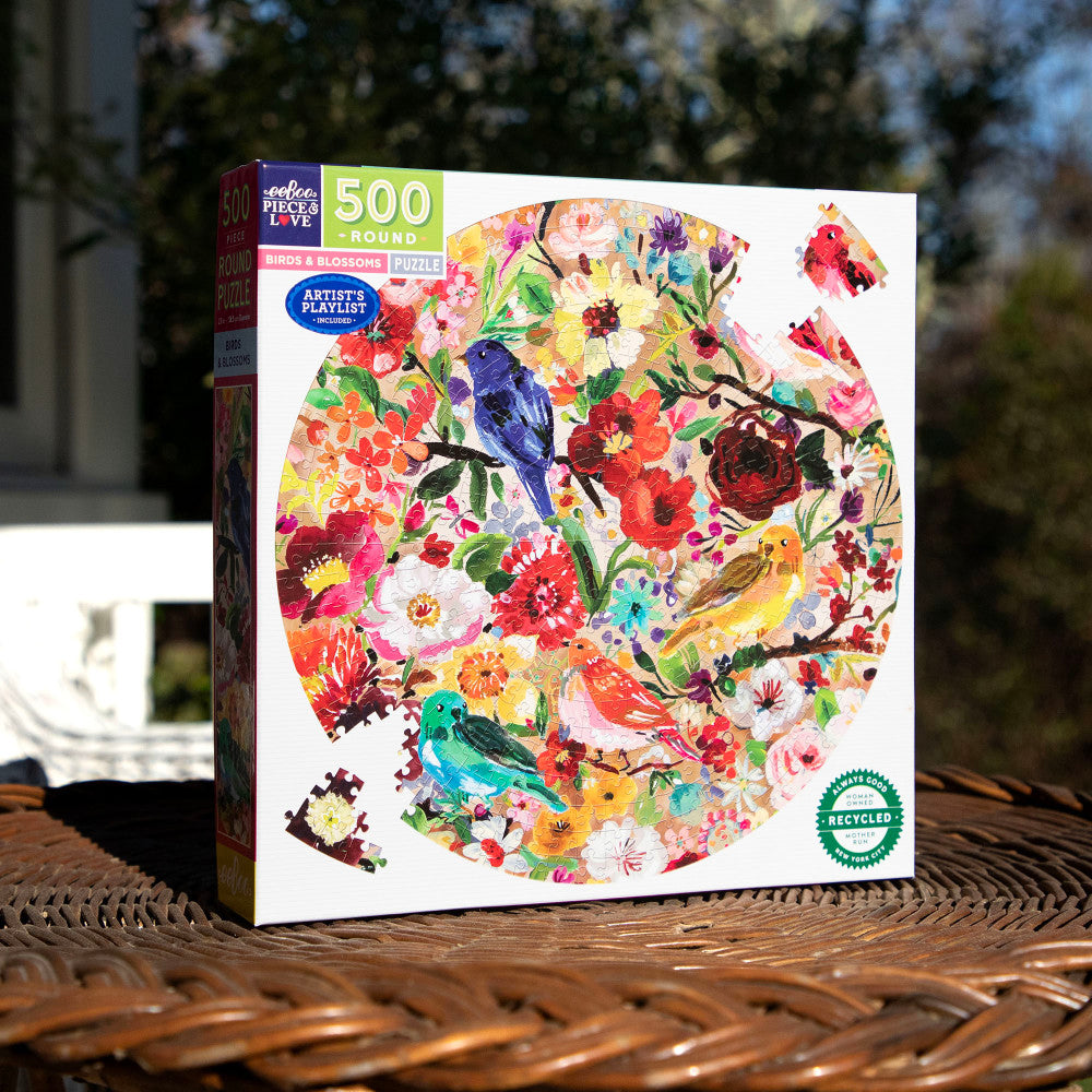 eeBoo Birds & Blossoms 500-Piece Round Jigsaw Puzzle