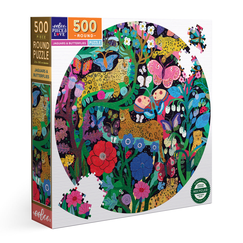 eeBoo Piece & Love Jaguars & Butterflies 500-Piece Round Jigsaw Puzzle