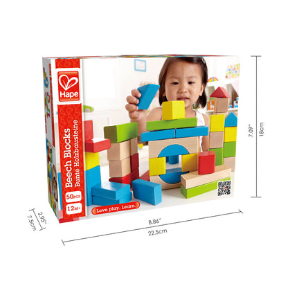 Hape 50-Piece Maple Wood Kids Building Blocks Set - Colorful Stacking Blocks