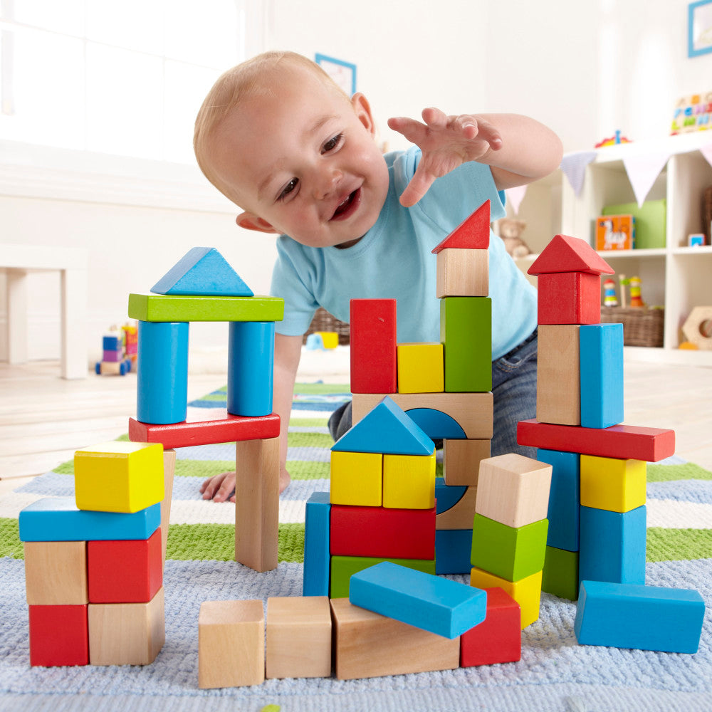 Hape 50-Piece Maple Wood Kids Building Blocks Set - Colorful Stacking Blocks
